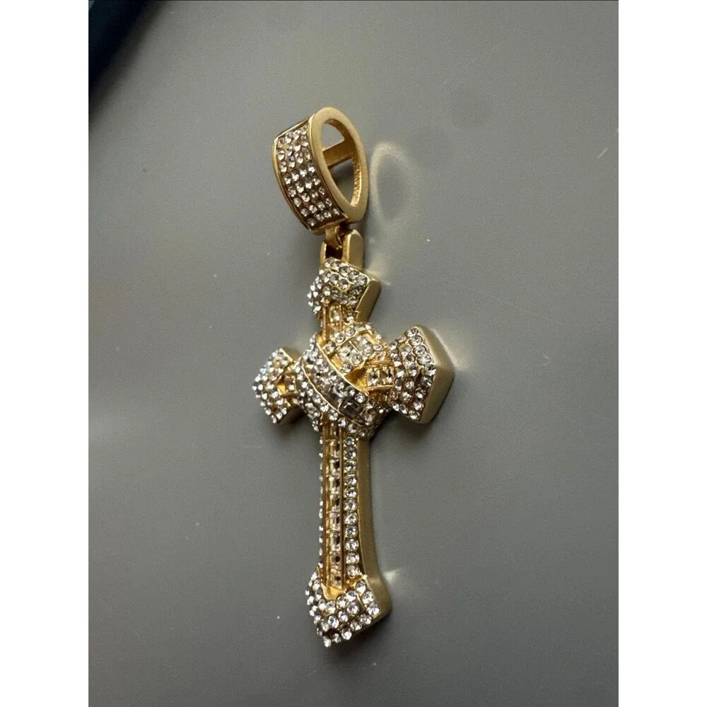 Cross Pendant Cubic Zirconia Jesus 24” Chain Gold Plated Religious Faith Gift